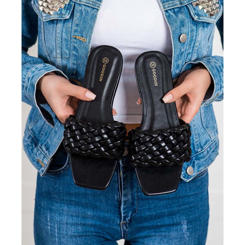 Goodin Pantoufles tressées en cuir écologique le noir 2