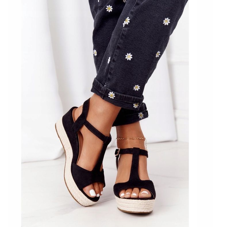 PG1 Sandales compensées noires Graciosa avec tresses beige 2