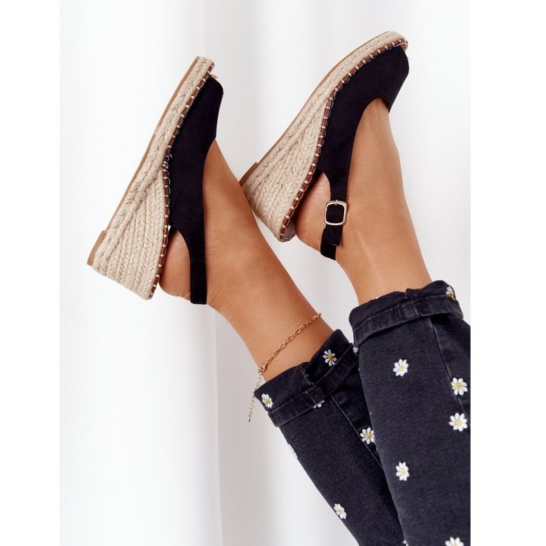 PG1 Sandales noires sur un coin avec tressé noir Las Palomas beige le noir 1