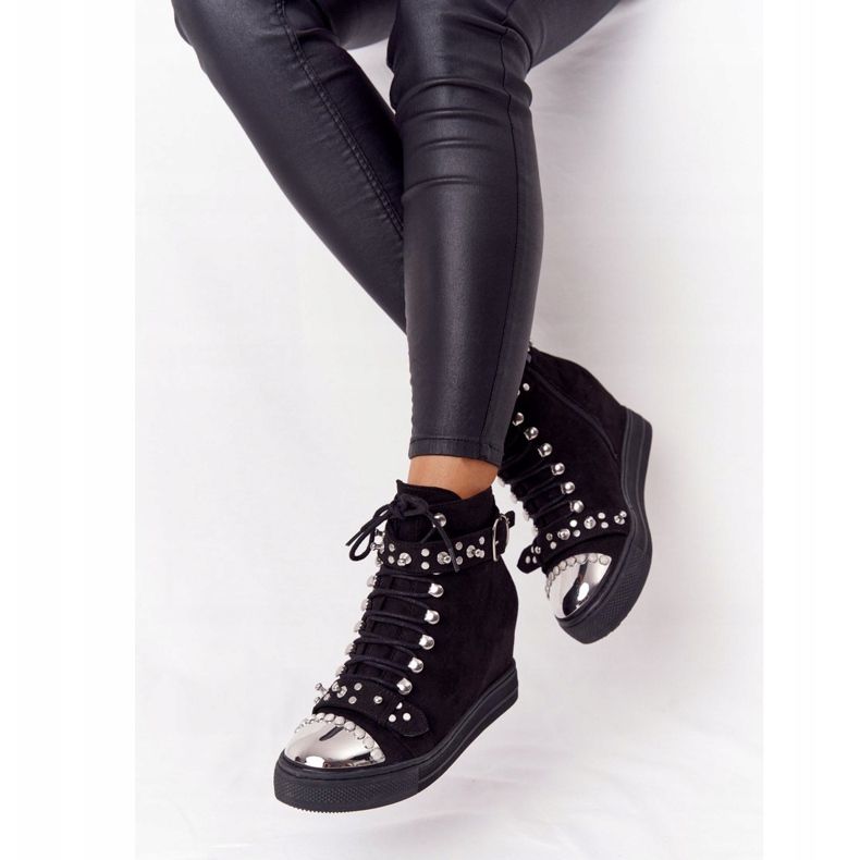 Bottes compensées noires Lu Boo en daim noir avec strass le noir 1