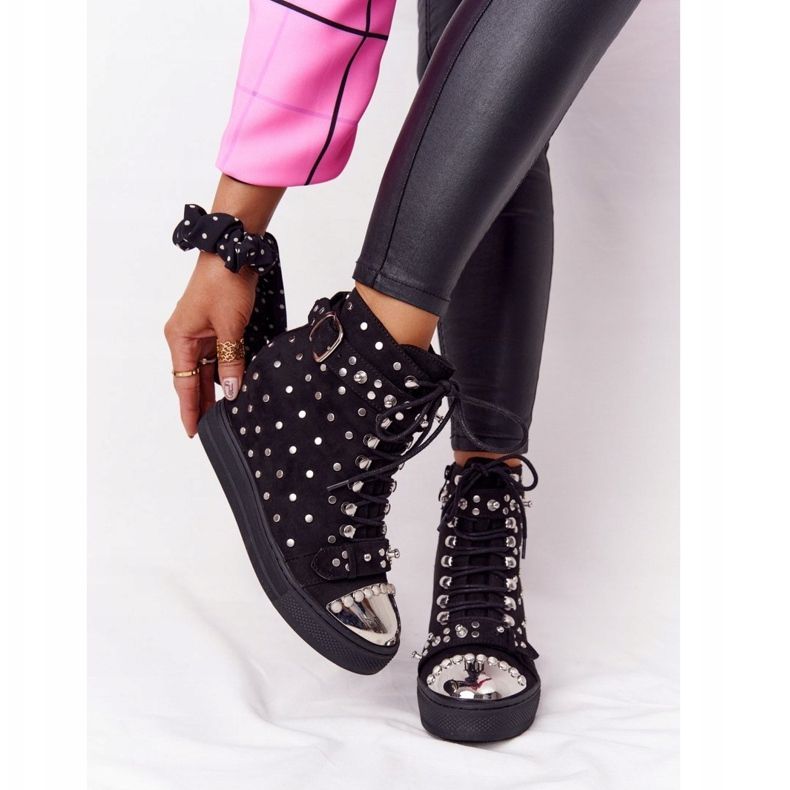 Bottes compensées noires Lu Boo en daim noir avec strass le noir 2