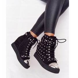 Bottes compensées noires Lu Boo en daim noir avec strass 1