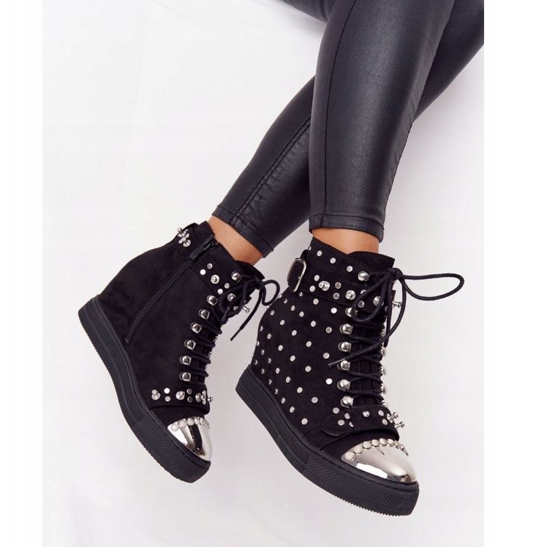 Bottes compensées noires Lu Boo en daim noir avec strass le noir 1