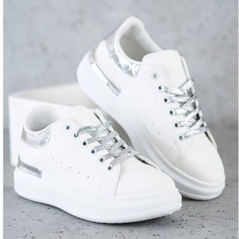 SHELOVET Baskets à laçage pailleté blanc 2