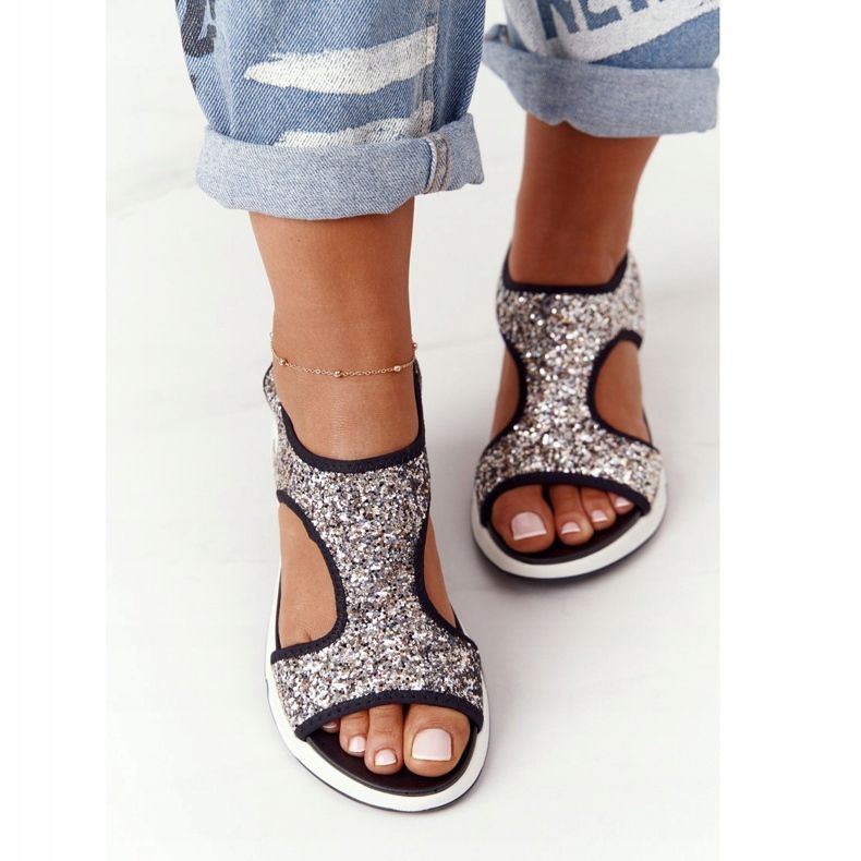 S.Barski Sandales à enfiler argentées avec brocart Zoey le noir 1