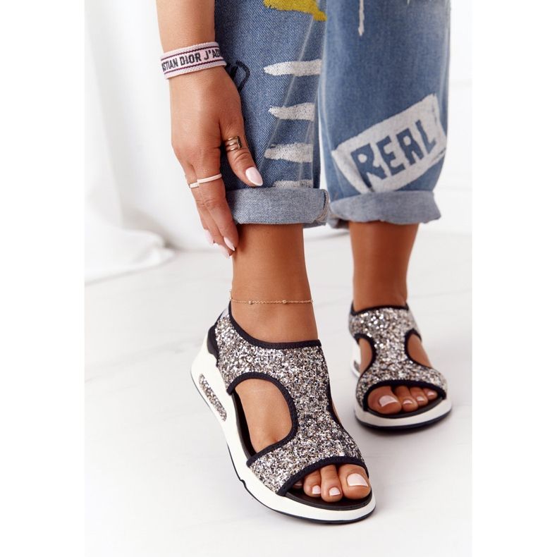 S.Barski Sandales à enfiler argentées avec brocart Zoey le noir 2