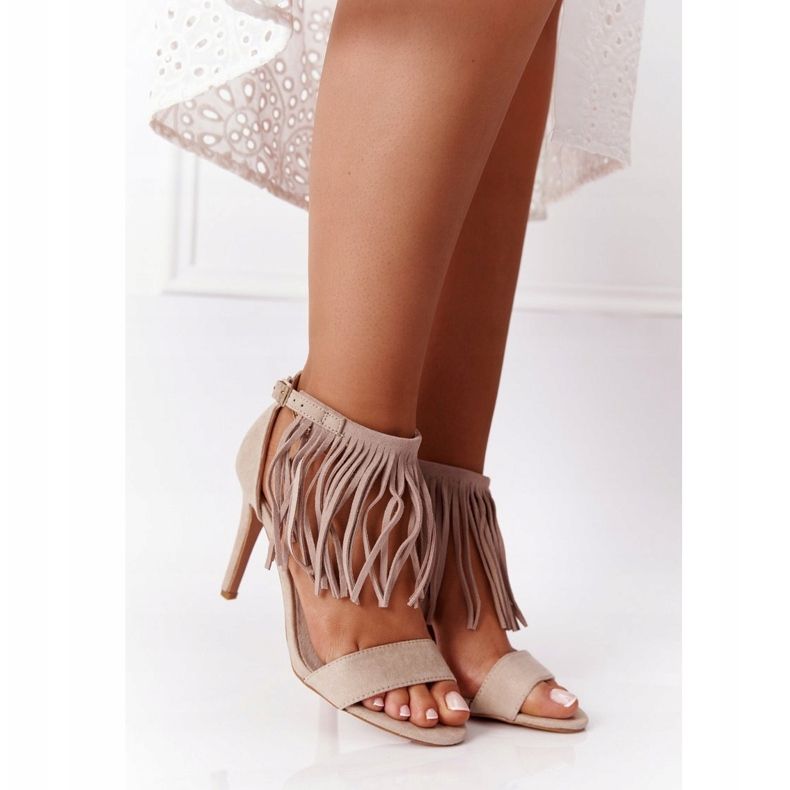 S.Barski Sandales En Daim Sur Un Talon Haut Avec Des Franges Beige Boho Swing 1