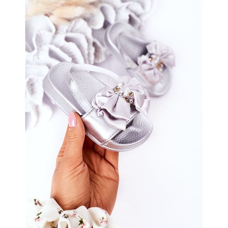 FRROCK Claquettes Enfant Fille Nœud Perle Argent Senari gris 2