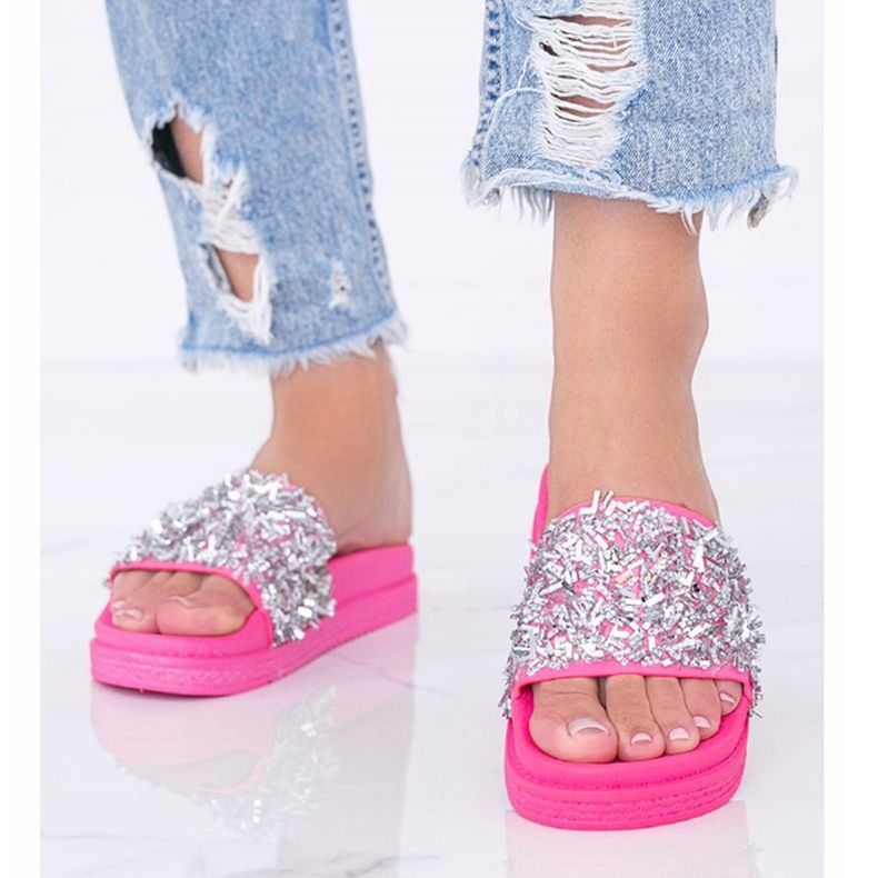 Chaussons Love Bling rose fluo avec zircone cubique 1 Chaussons Love Bling rose fluo avec zircone cubique 1