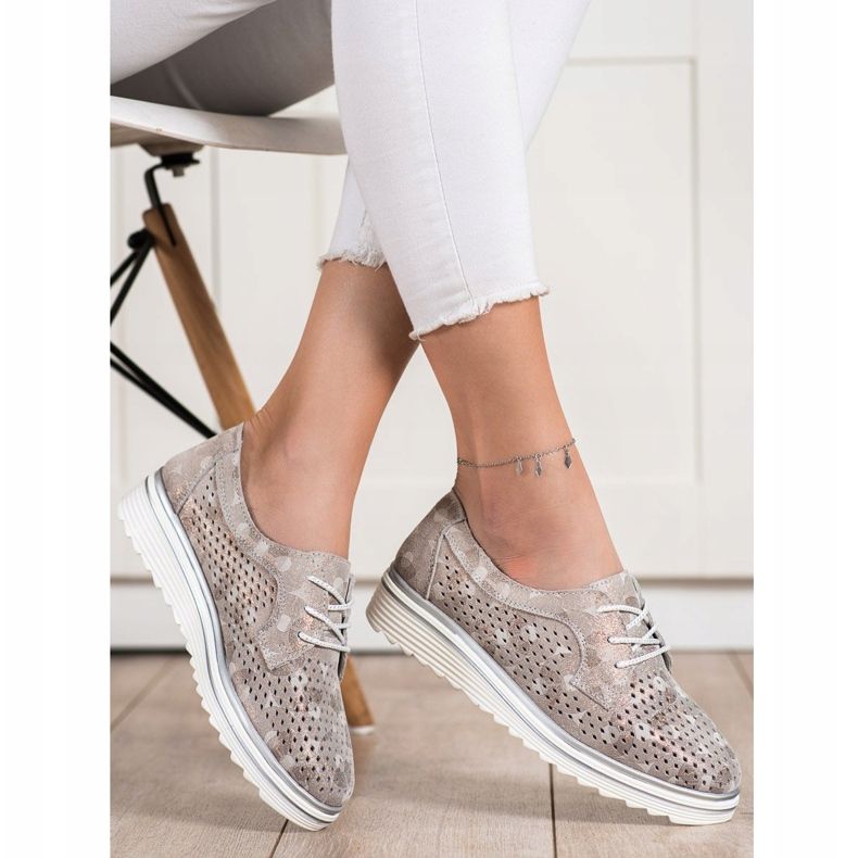 Goodin Chaussures en cuir ajouré beige brun d'or 1 Goodin Chaussures en cuir ajouré beige brun d'or 1