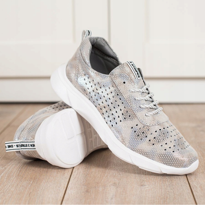 Goodin Baskets en cuir brillant beige gris doré 1