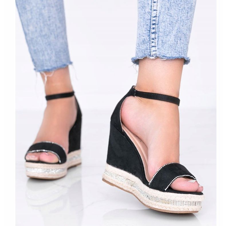 Sandales compensées noires avec oxydes de zirconium Sun Sparrow 1