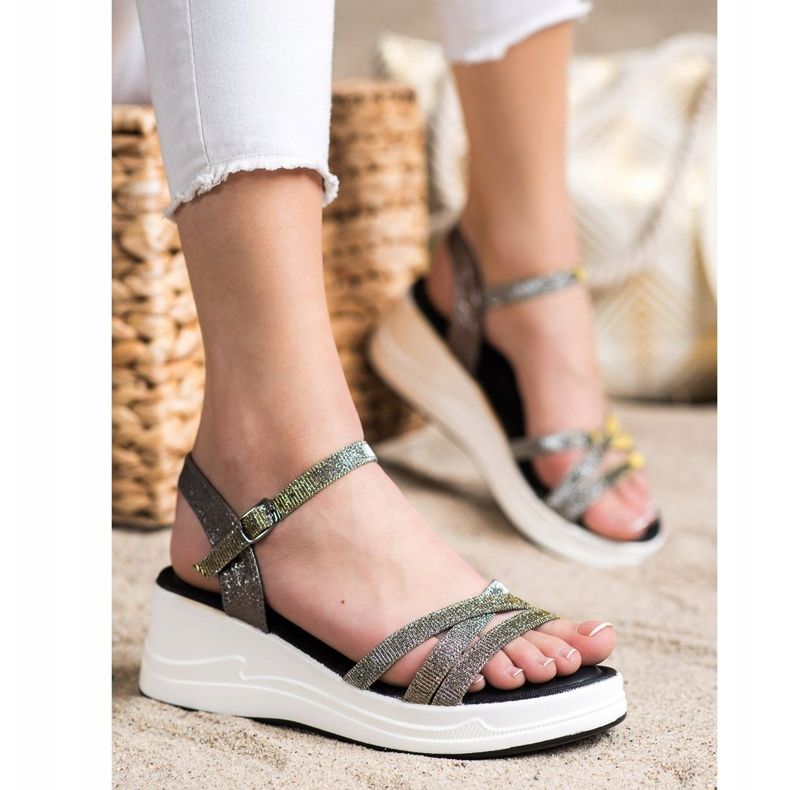 Small Swan Sandales à paillettes sur compensées le noir 1