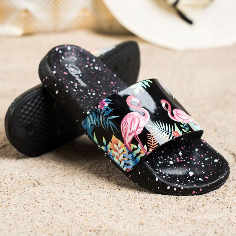 Bona Des tongs à la mode avec un flamant rose le noir multicolore 1