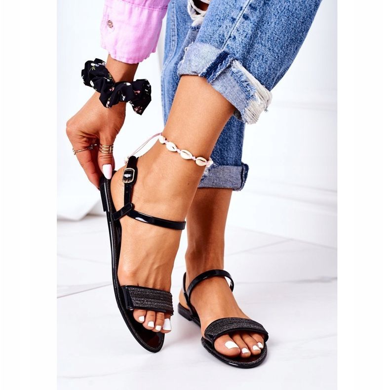 LU BOO Sandales en caoutchouc à paillettes noires Beach Time 2