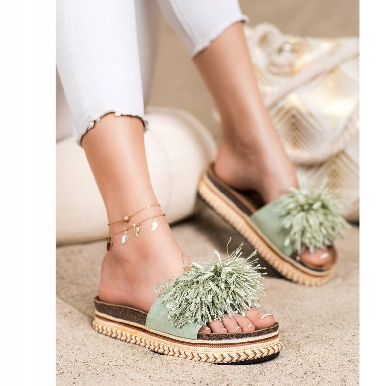 SHELOVET Pantoufles À La Mode Avec Franges vert 1