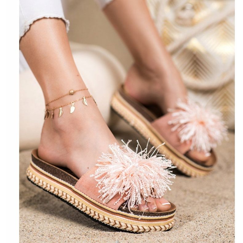 SHELOVET Pantoufles À La Mode Avec Franges rose 1