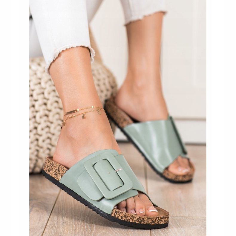 SHELOVET Pantoufles En Cuir Éco Avec Boucle vert 1