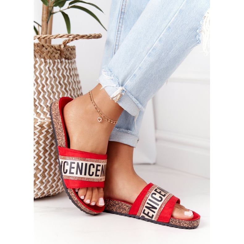 Tongs rouges sur liège avec zircone cubique Be Nice 2