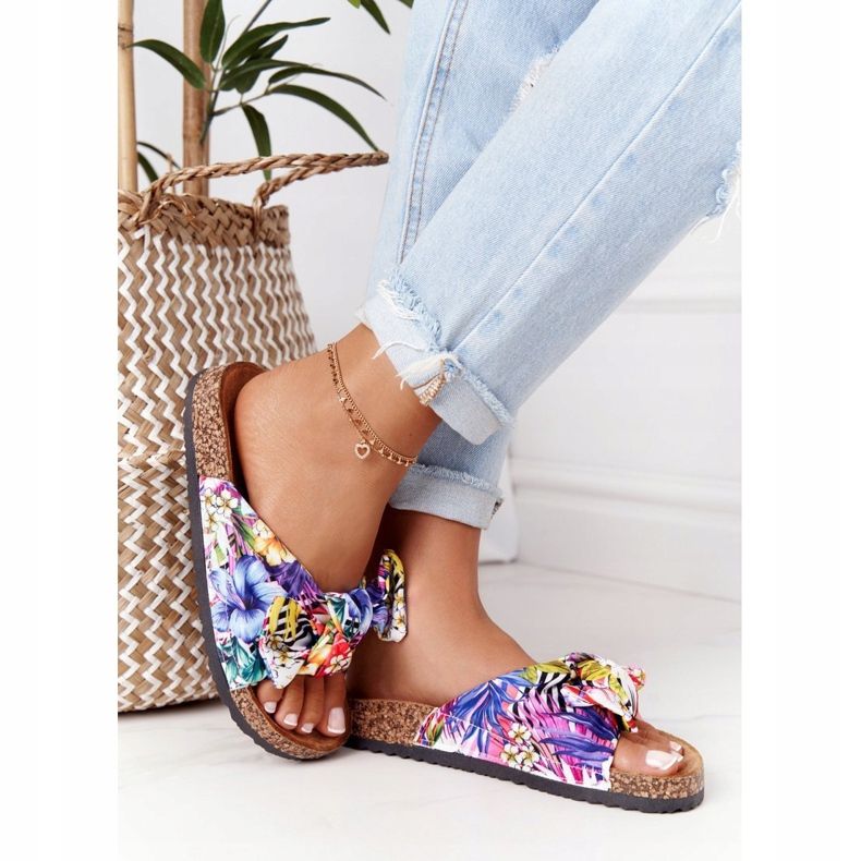 PS1 Tongs sur semelle en liège blanc avec fleurs Wendy blanche multicolore 2