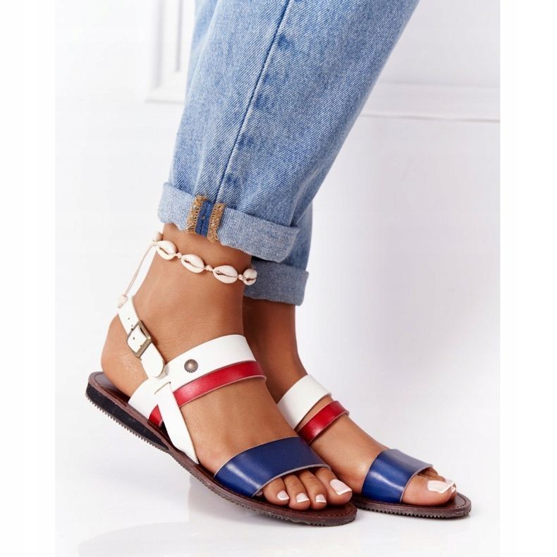 PE1 Sandales plates femme, bleu marine et blanc Doris blanche brun 2