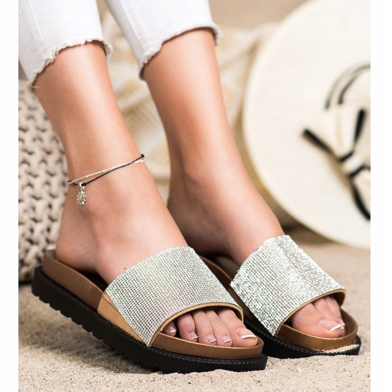 Kayla Pantoufles confortables avec zircone cubique beige d'or 2