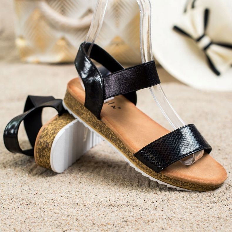 Kayla Sandales en cuir écologique brillant noir 1