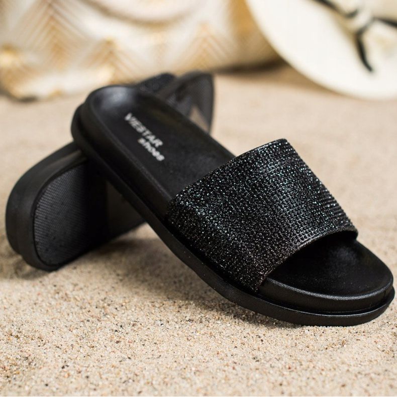 SHELOVET Pantoufles Noires Brillantes 1