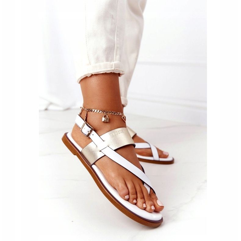 Sandales en cuir Tongs Big Star HH274714 Blanc et Or doré 3