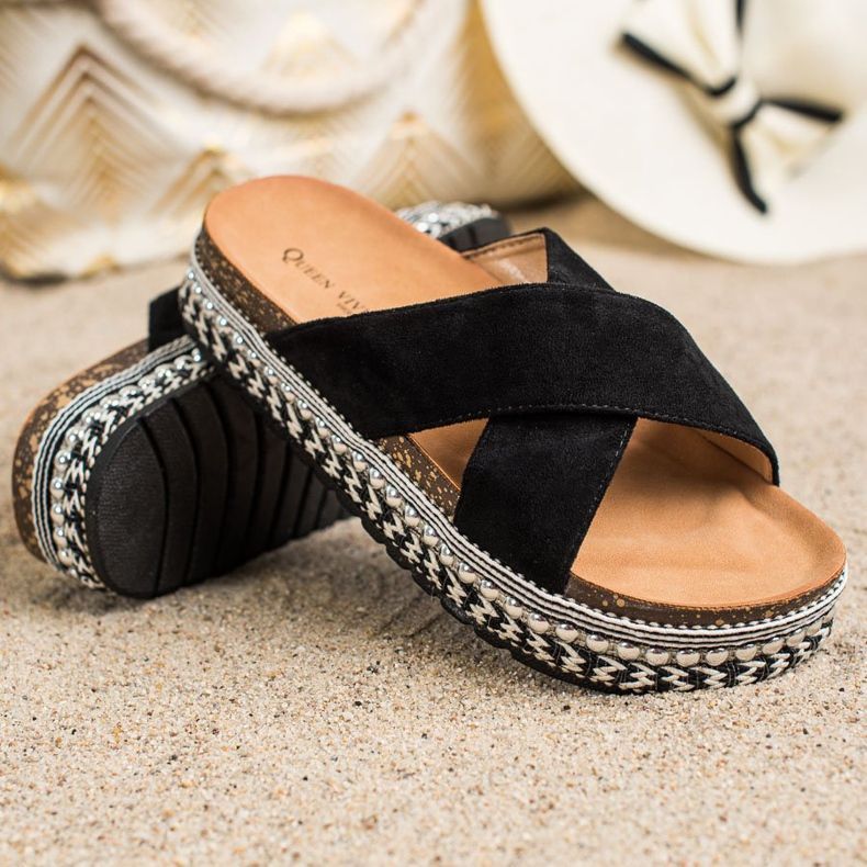 Queen Vivi Pantoufles noires sur la plate-forme décorative 1