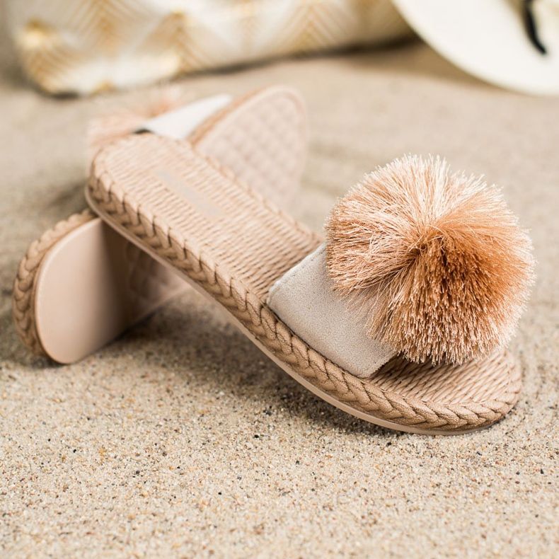Bestelle Chaussons Avec Pompon beige brun 1