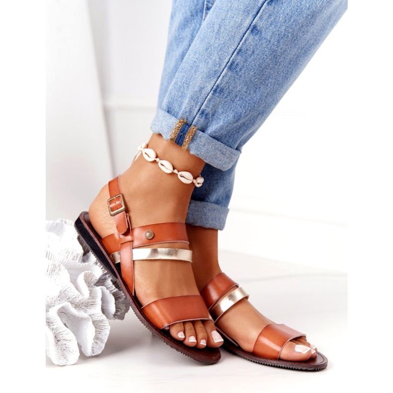 Sandales plates femme, marron et or Doris brun doré 2