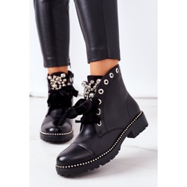 PS1 Bottines Chaudes Avec Perles Métalliques, Strass Et Ruban Noir Perla 2