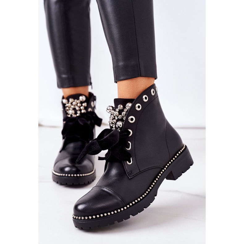 PS1 Bottines Chaudes Avec Perles Métalliques, Strass Et Ruban Noir Perla le noir 2