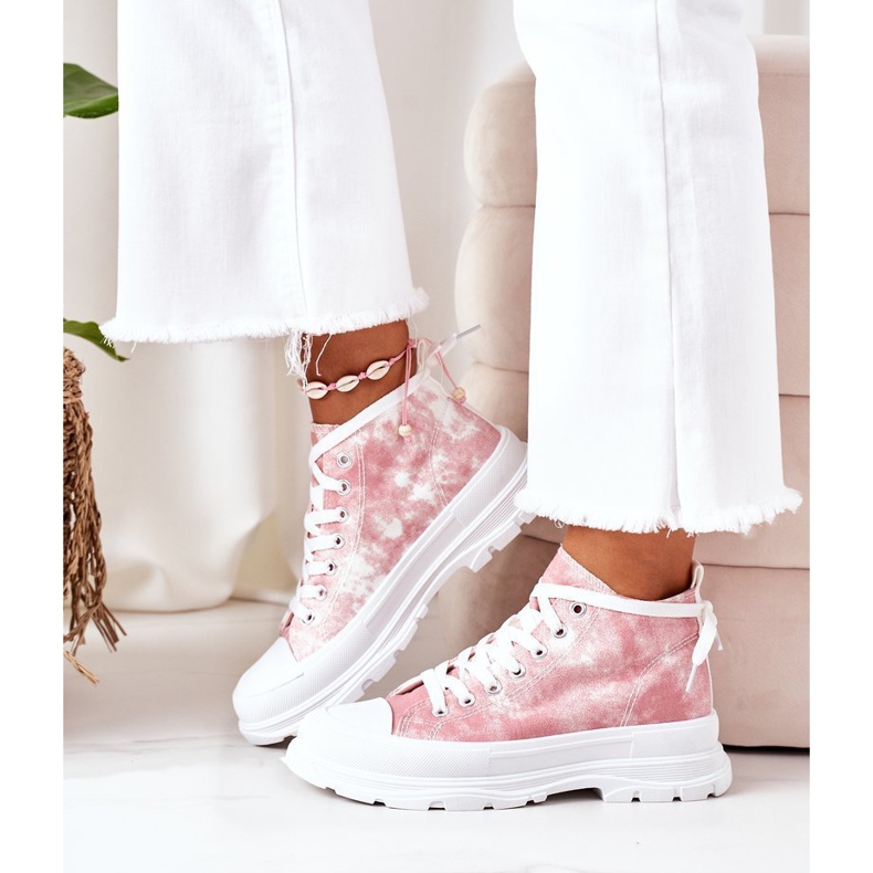 FJ1 Baskets Hautes Roses Sur Grande Semelle Avec Effet Trissy Tie-Dye blanche 2