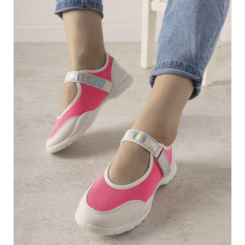 Baskets rose fluo avec empiècement holographique Melania blanc 1