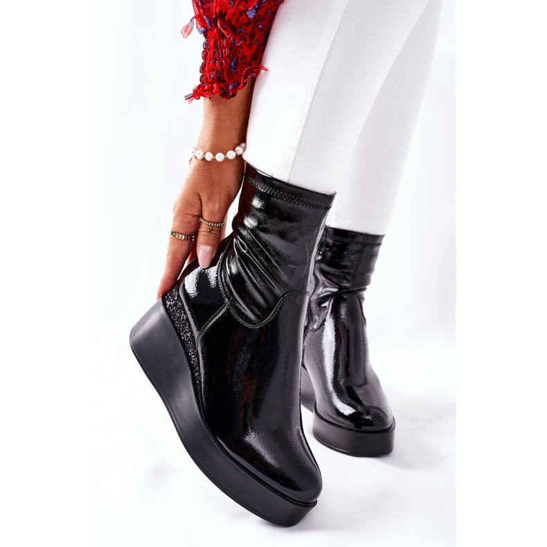 S.Barski Bottines Femme Sur Compensé Laqué Noir Therapie 2