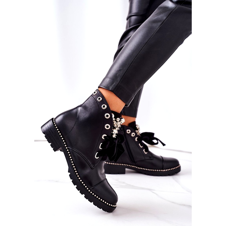PS1 Bottines Chaudes Avec Perles Métalliques, Strass Et Ruban Noir Perla le noir 4