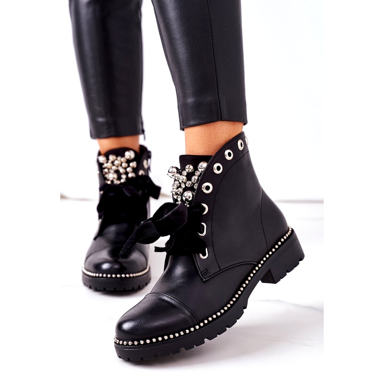 PS1 Bottines Chaudes Avec Perles Métalliques, Strass Et Ruban Noir Perla le noir 2