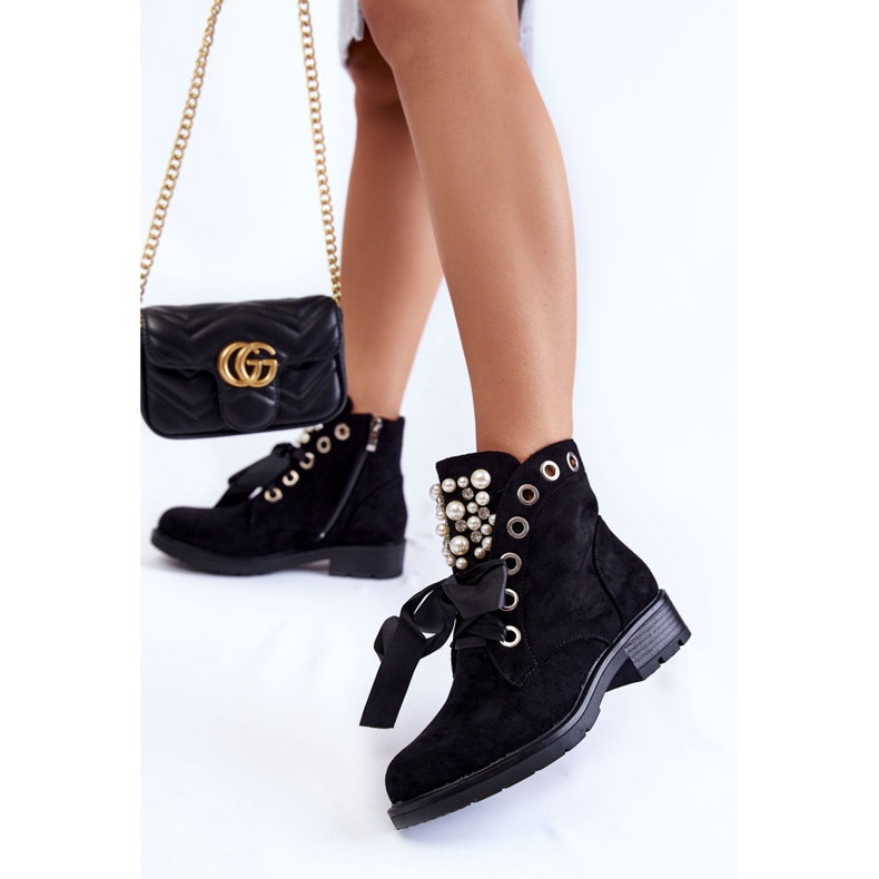 Bottines En Daim Avec Perles Et Ruban Perla Noir le noir 2