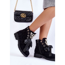 Bottines En Daim Avec Perles Et Ruban Perla Noir le noir 3