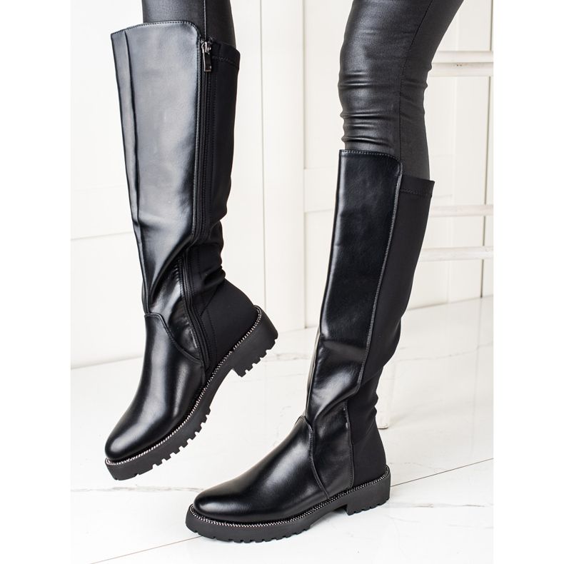 Bella Star Bottes en cuir écologique avec zircone cubique le noir 1