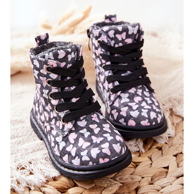 PE1 Bottes en cuir réchauffées avec de la laine grise avec des papillons Amy 1