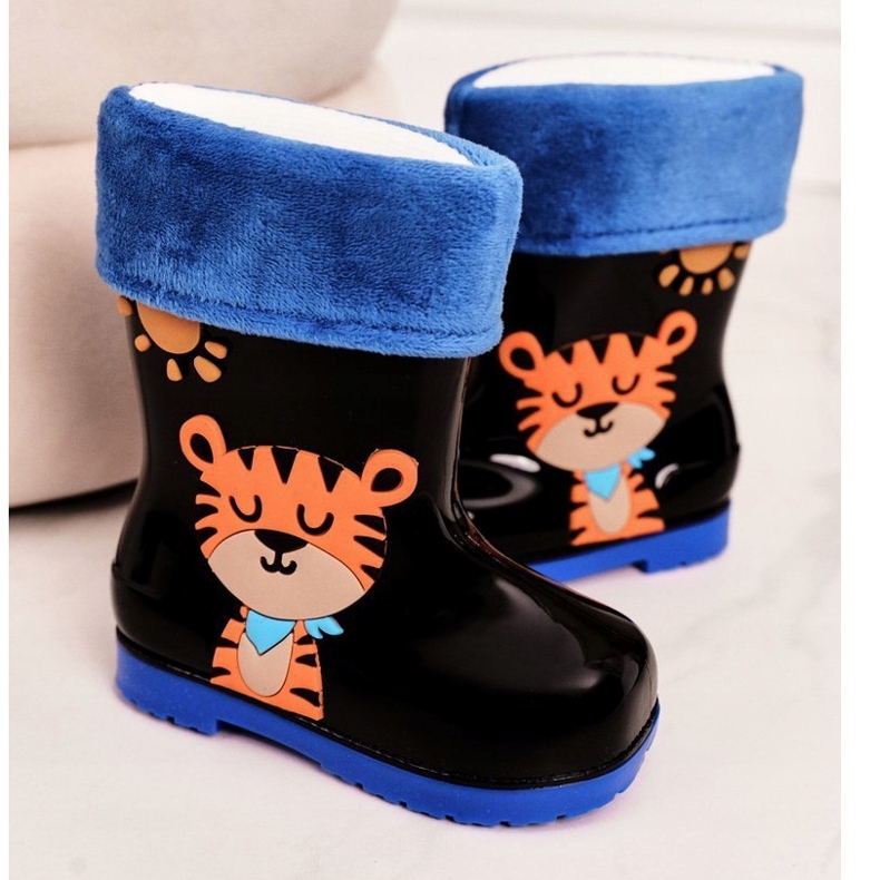 Bottes de pluie chaudes noires pour enfants avec un tigre bleu orange 3