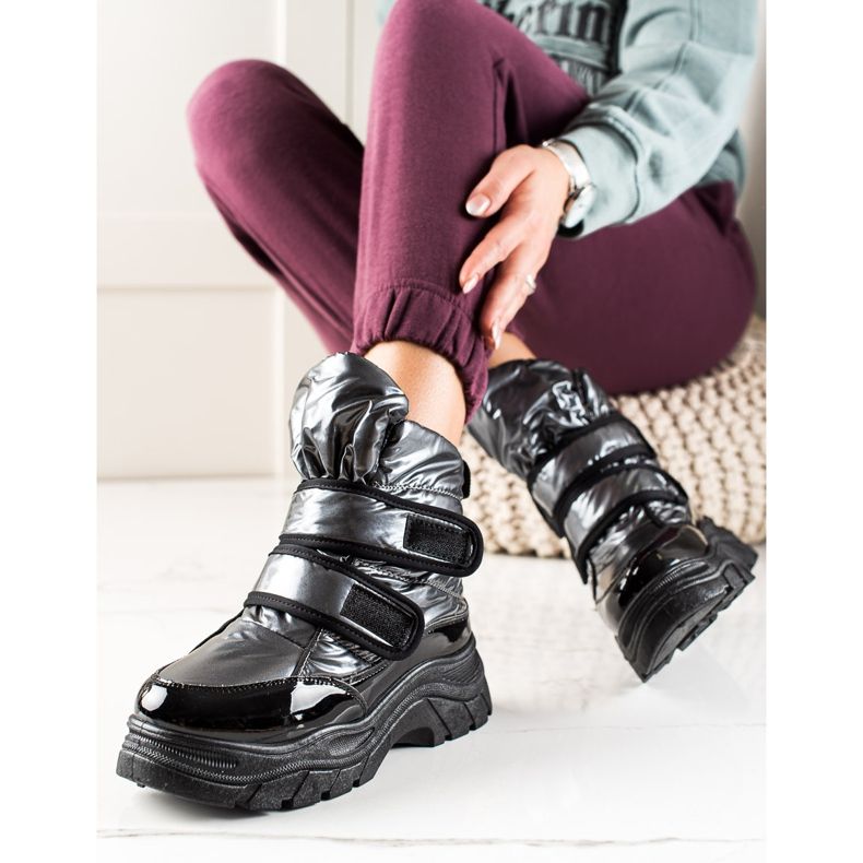TRENDI Bottes de neige brillantes avec velcro noir argent 1