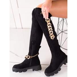 Diamantique Bottines en daim avec une chaîne dorée le noir 2
