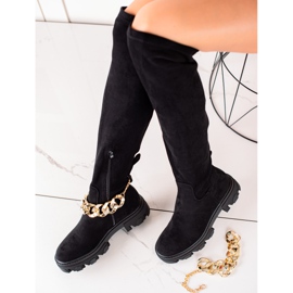 Diamantique Bottines en daim avec une chaîne dorée le noir 1