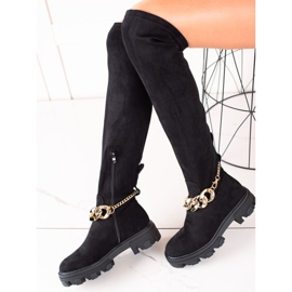 Diamantique Bottines en daim avec une chaîne dorée le noir 3