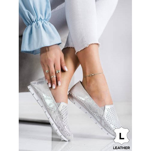 Goodin Mocassins en cuir argenté gris 1