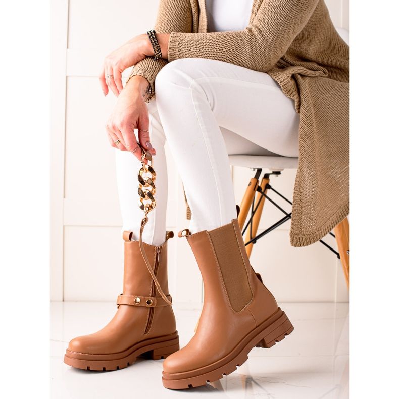 TRENDI Bottines hautes avec chaîne beige 2